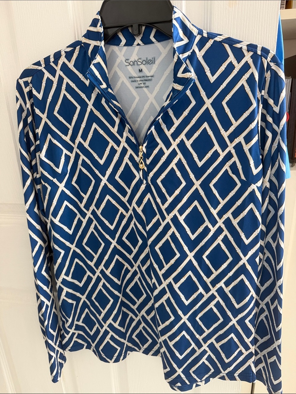 SanSoleil Top Womens M Blue White UV 50 + Cooling Geometric 1/4 Zip Casual M
